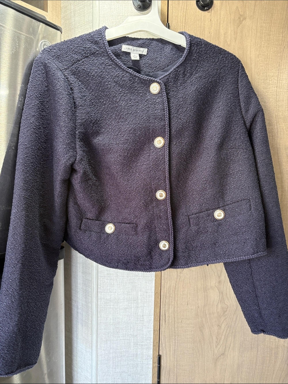 Free Assembly Navy Cropped Textured Blazer with Pearl Buttons